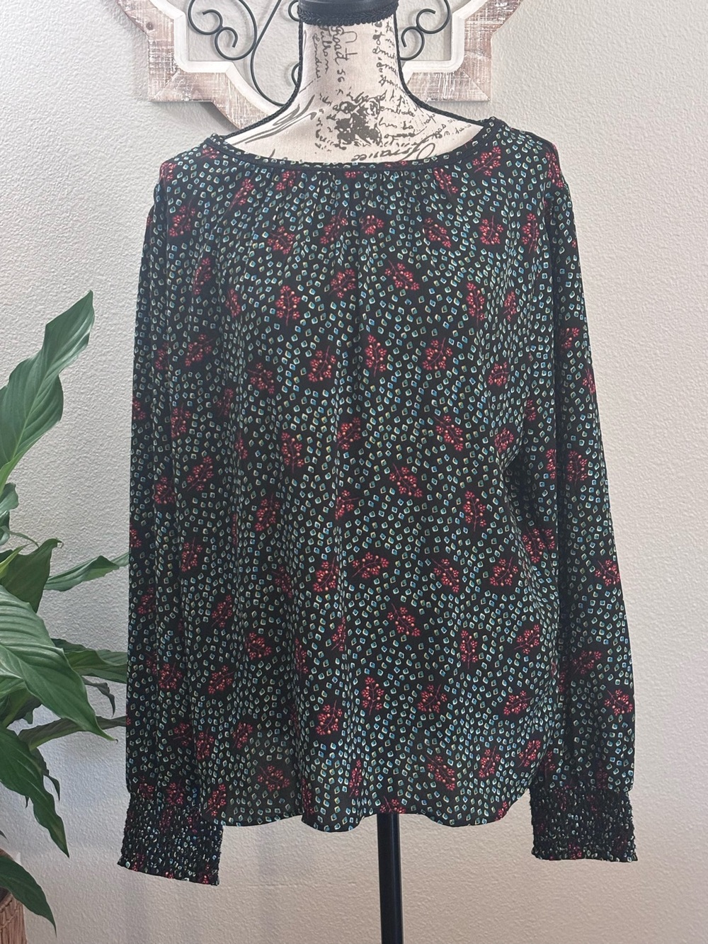 LOFT Black Floral Long-Sleeve Smocked Cuff Blouse